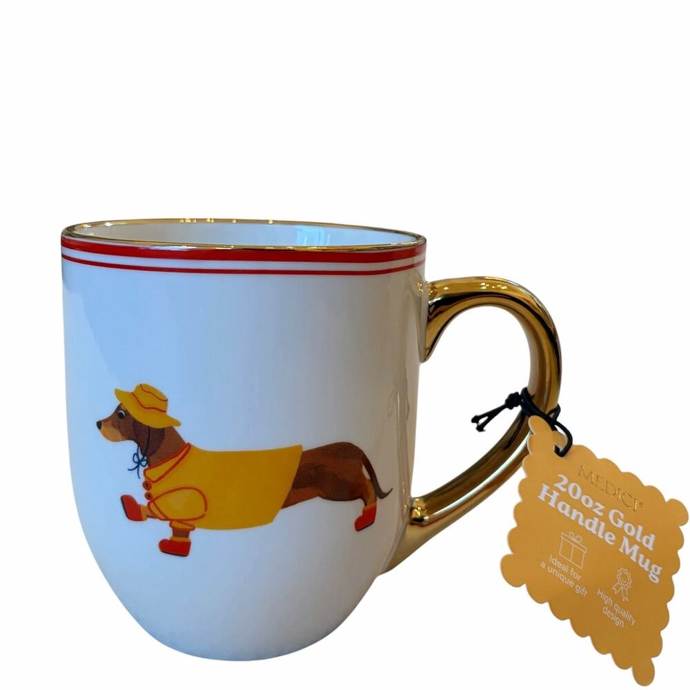 Medici Dachshund Raincoat Mug Gold Handle Weiner Dog Coffee Cup 20oz Dog Lover